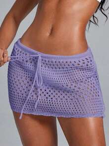 Swim Lushoire Falda pareo con dobladillo ondulado para la playa, con patrón geométrico perforado y floral - Púrpura malva - Ver 3