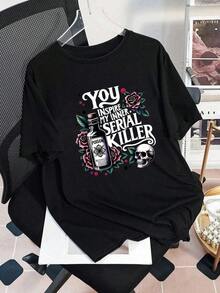 Camiseta de Verano para Mujer Talla Grande con Estampado de Botella de Veneno, Rosa, Calavera y Lema, Blusa Casual Negra para Mujer, Ropa Casual para Mujer - Negro - Ver 3