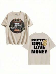 Fly "I Want Your Money" Hip-Hop Style T-Shirt, 100% Cotton, Double-Sided Print, Suitable For Men And Women, The Best Gift For Summer, Casual Short Sleeve T-Shirt - Premium Cotton T-Shirts With Graphic Print And Round Neck - Unisex Loose Fit T-Shirt, Comfortable, Urban Vintage Style. - 杏色 - 查看 2