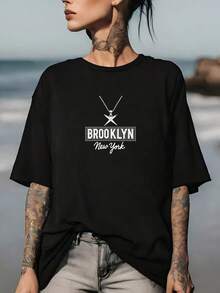 Women's Casual Blouse, Simple Style For Everyday Wear, Brooklyn New York, 180G Printed T-Shirt - Perfect Gift For Family And Friends, Ideal For Corporate Events And Team Building - Short-Sleeved T-Shirt, Cool And Comfortable, Suitable For All Occasions. - 黑色 - 查看 7