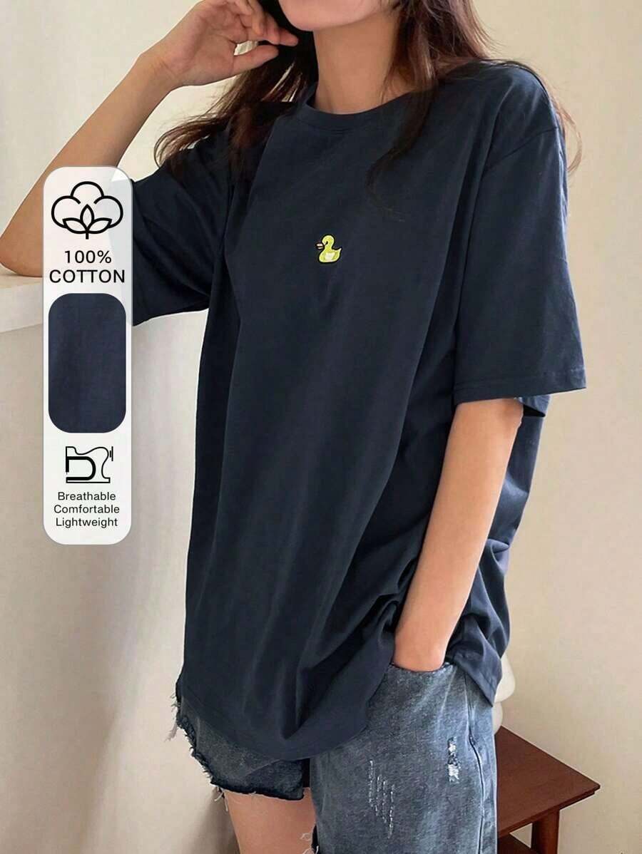 Camiseta oversize de verano con bordado de pato y escote de hombros caídos - Azul marino - Ver 1