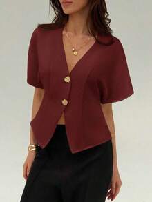 Camisa blanca sólida con mangas de murciélago, doble botonadura y frente abierto elegante - Burdeos - Ver 3
