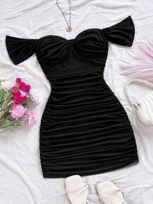 Vestido mini ajustado de punto rojo con hombros descubiertos para mujer, diseño con espalda calada, adecuado para vacaciones, citas, té de la tarde, temporada de bodas, playa, crucero, vacaciones en la ciudad, vacaciones bohemias, festivales de - Negro 2 - Ver 8