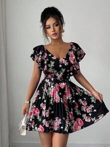 Vestido elegante y romántico para vacaciones con cuello en V con volantes, cintura ceñida y estampado floral en corte evasé para mujeres - Multicolor 5 - Ver 11