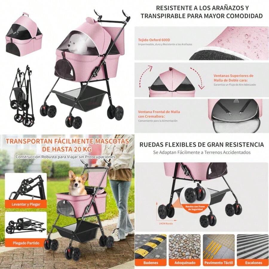 NOVAKA Carriola para Mascotas, Carriola de 4 Ruedas para Perros, Cuerpo Separable, Tejido de Malla Transpirable y Visible con Cesta de Almacenaje, Plegado Rápido - Rosa - Ver 1