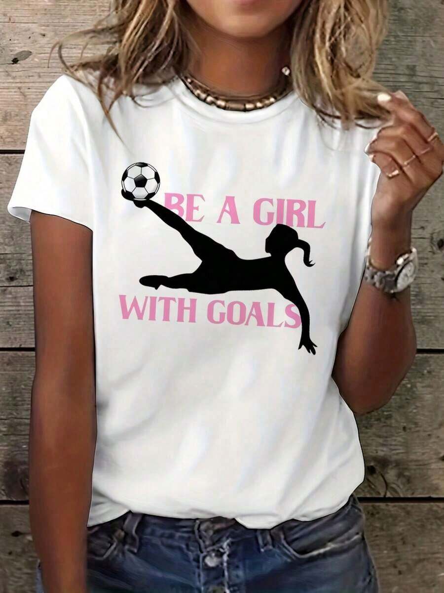 Una camiseta con estampado gráfico parresentar goles de fútbol, perfectara un look casual de verano y primavera, diseñ para mujeres - Blanco - Ver 1