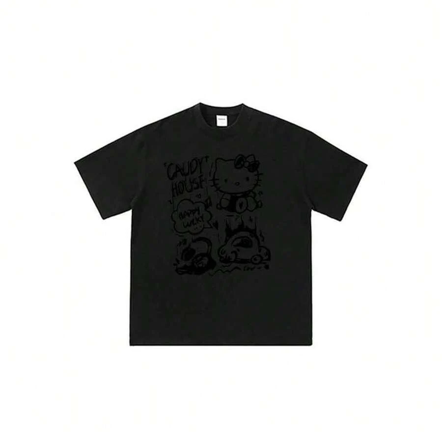 Camiseta unisex de manga corta con estampado de anime lindo y diseño de Helloss Kittys de Sanrios, estilo Sketchys Caudys House. - Negro - Ver 1