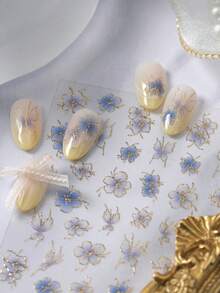 1 Sheet Embossed Gold Outline Flower Nail Stickers, Hot Stamping Blue Butterfly Nail Decals, Chic Elegant Nail Art Supplies - Multicolor - View 1
