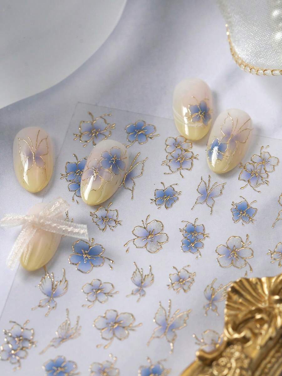 1 Sheet Embossed Gold Outline Flower Nail Stickers, Hot Stamping Blue Butterfly Nail Decals, Chic Elegant Nail Art Supplies - Multicolor - View 1