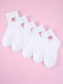 5雙女童可愛粉色蝴蝶結印花短襪，春夏薄款透氣吸汗快乾防滑舒適，公主風校園風休閒中筒襪，適合日常、上學、派對、復活節、生日等場合，蝴蝶結白色拼色荷葉邊襪口設計，女童時尚學生襪，必備襪子，送給女童的最佳禮物 - 彩色 - 查看 4