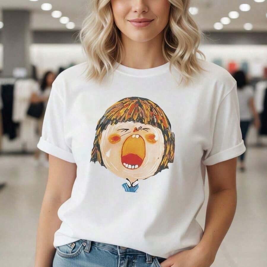 Plus Size Women's Pure Cotton T-Shirt With Abstract Cartoon Girl Print, Round Neck, Long Sleeve, Casual Style, Loose Fit, Graphic Design, Sizes S-5XL, Soft And Breathable Fabric, Fashionable For Everyday Wear, Artistic Design, Suitable For Spring, Summer And Autumn. - 白色 - 查看 1