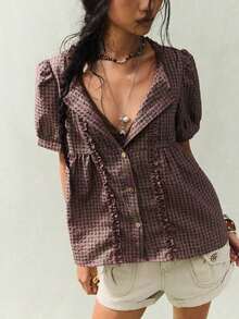 Camisa casual retro a cuadros con cuello redondo, volantes fruncidos y mangas con volantes para mujer - Rojo - Ver 6