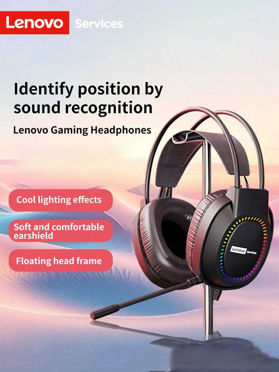 Lenovo 联想E03游戏耳机，配备7.1环绕立体声、RGB灯效、头戴式设计，并带有降噪麦克风，适用于PC、笔记本电脑、PS4、PS5等游戏平台。