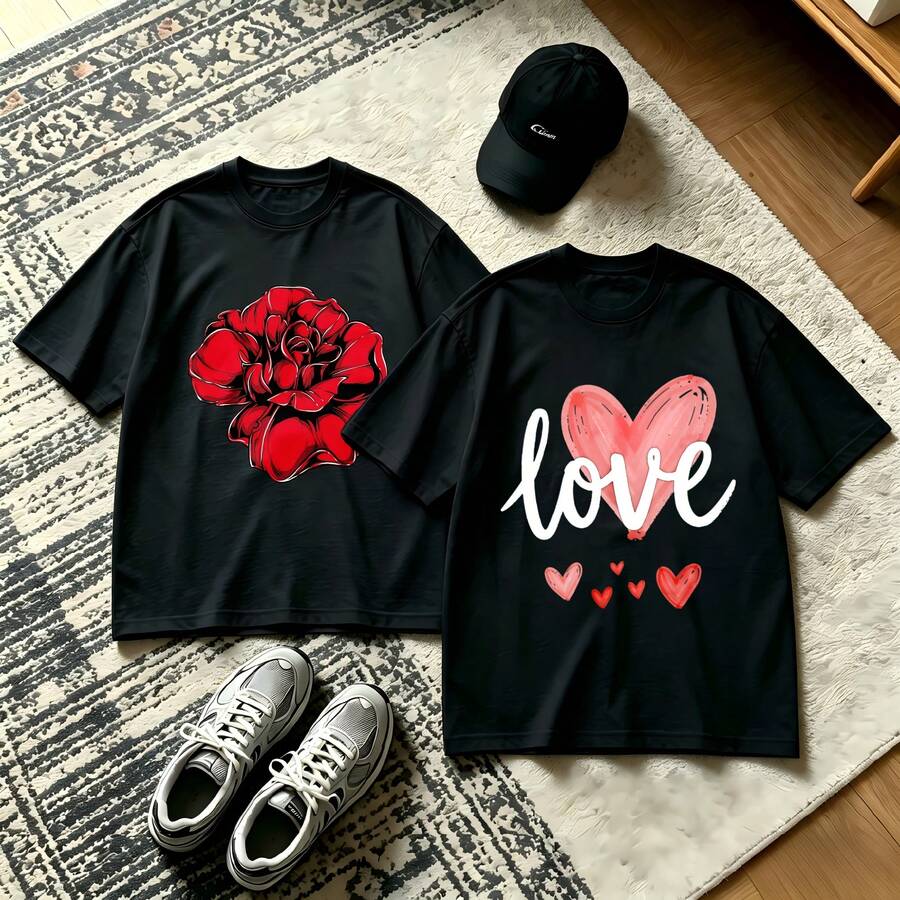 2-Piece Couple Matching Pattern T-Shirt, 100% Cotton, Loose Fit, Soft And Breathable, Casual Round Neck Short Sleeved Top Admit It Cow With Rose I Love You Repeated Text Versatile Patterns No Picky Combinations Coordinated Dating Casual Travel Simple And Cartoonish Printing Styles High - 黑色 - 查看 1