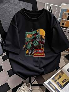 Gráfico colorido que muestra a un guerrero futurista con armadura verde y roja frente a una luna amarilla simbolizando fuerza valentía y aventura camiseta de mujer  cómoda casual ideal para diario - Negro - Ver 2