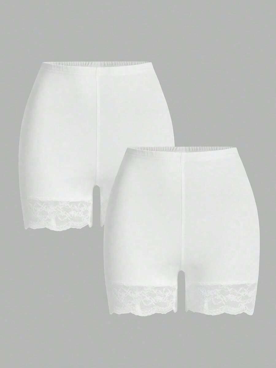 Conjunto de 2 Piezas de Leggings de Encaje en Contraste para Mujer Talla Grande, Verano - Blanco - Ver 1