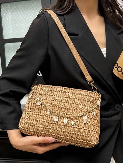1 Piece Fashionable New Shell Decor Chain Bag, Woven Square Bag, Retro Vacation Style Women's Handbag, Versatile Minimalist Bag