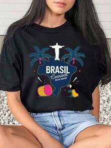 1 Piece Women's T-Shirt With Brazilian Carnival Print, Rio De Janeiro Festival Design, Daily Wear, Round Neck, Short Sleeve, Soft And Comfortable, 220g/180g, 100% Cotton - 黑色 - 查看 10