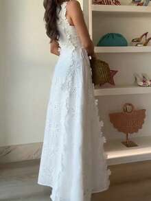 Vestido largo verano mujer encaje bordado lazos elegante ajustado estilo vacaciones moda europea - Blanco - Ver 9