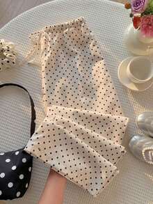 Pantalones casuales anchos con cintura de corbata y estampado de lunares para mujer - Albaricoque - Ver 7