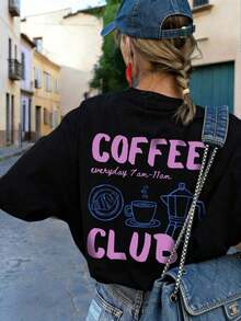 Short-Sleeved T-Shirt With Round Neck, Coffee And English Print, Casual And Versatile, Suitable For Everyday Wear In Summer - 黑色 - 查看 10