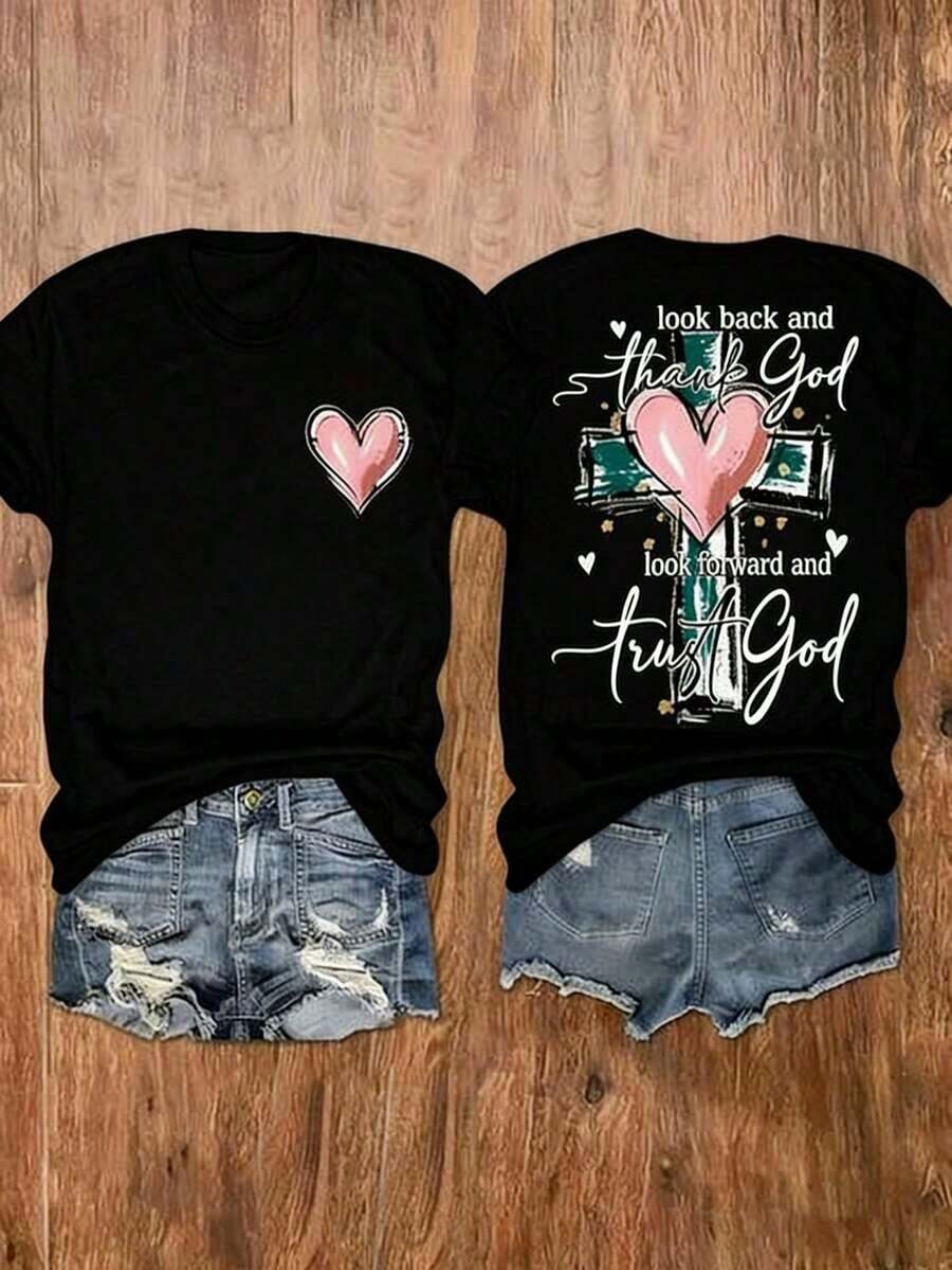 Camiseta de Mujer con Estampado Gráfico de Inspiración Cristiana - "Mirando hacia atrás, ve cuánto has avanzado" - Camiseta de manga corta con cuello redondo, diseño de cruz y corazón, elasticidad media, informal para primavera y verano, lavable a máquina, camiseta bonita, tela transparente para uso diario. - Negro - Ver 1