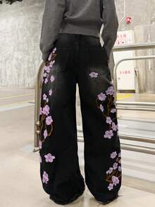 1pc Women's American Street Style Distressed Embroidered Wide Leg Loose Comfortable All-Season Denim Jeans Long Pants (This Product Does Not Include Belt/Accessories) - Mauve Purple - View 7