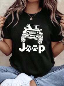 Camiseta holgada de talla grande con estampado de Jeeps, cuello redondo informal de manga corta, estilo casual urbano, camisetas unisex, camisetas modernas y transpirables. - Negro - Ver 6