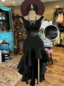 YHHVestido de fiesta elegante estilo occidental para mujer: negro sólido versátil, encaje plisado vintage/con volantes, vestido casual de verano para mujerYHH - Naranja Quemada - Ver 10