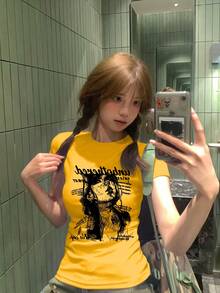 女款美式復古人像與字母印花修身圓領短袖T恤，黃色上衣，休閒夏季款 - 黃色 - 查看 3