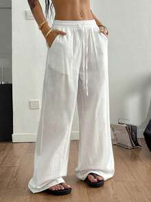 Pantalones blancos de algodón 100% lavados, con dobladillo curvo, para mujer, estilo básico minimalista, para ir a conciertos campestres de verano, salir, playa y vacaciones bohemias.Ropa de mujer para otoño. - Caqui 2 - Ver 7