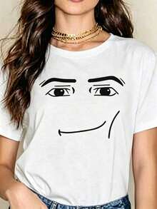 Camiseta con diseño de cara de dibujos animados FunnyAnime para mujer, camiseta gráfica de manga corta con cuello redondo, estilo casual, ropa de calle Harajuku, top básico de color sólido para el verano. - Blanco - Ver 1