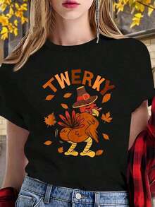 1 Pieza de Camiseta Casual de Moda para Hombres y Mujeres, 100% Algodón, Camiseta Divertida con Estampado de Pavo para el Día de Acción de Gracias, Estilo Twerk, 2023, Versátil, fácil de combinar, adecuada para uso diario, estilo urbano, ropa de vacaciones, ropa de fin de semana. - Negro - Ver 7
