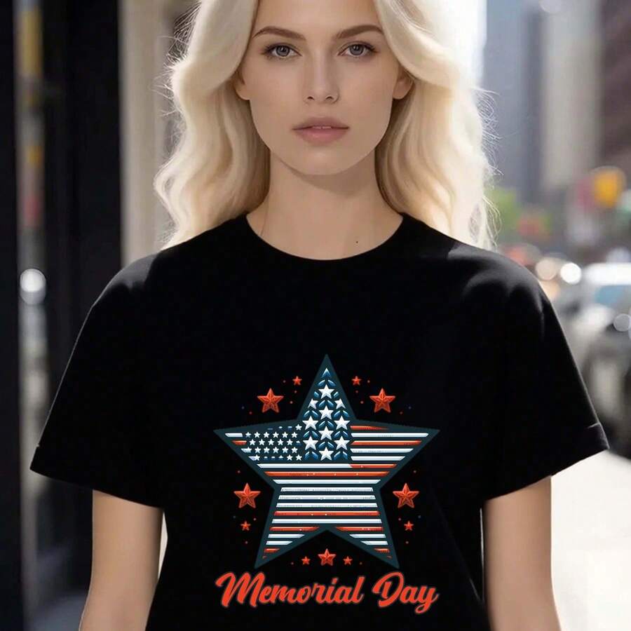 Womens Pure - Black T-Shirt: Star-Spangled Elegance: Womens Memorial Day Black Tee - Celebrate In Style - Independence Day Edition - 黑色 - 查看 1
