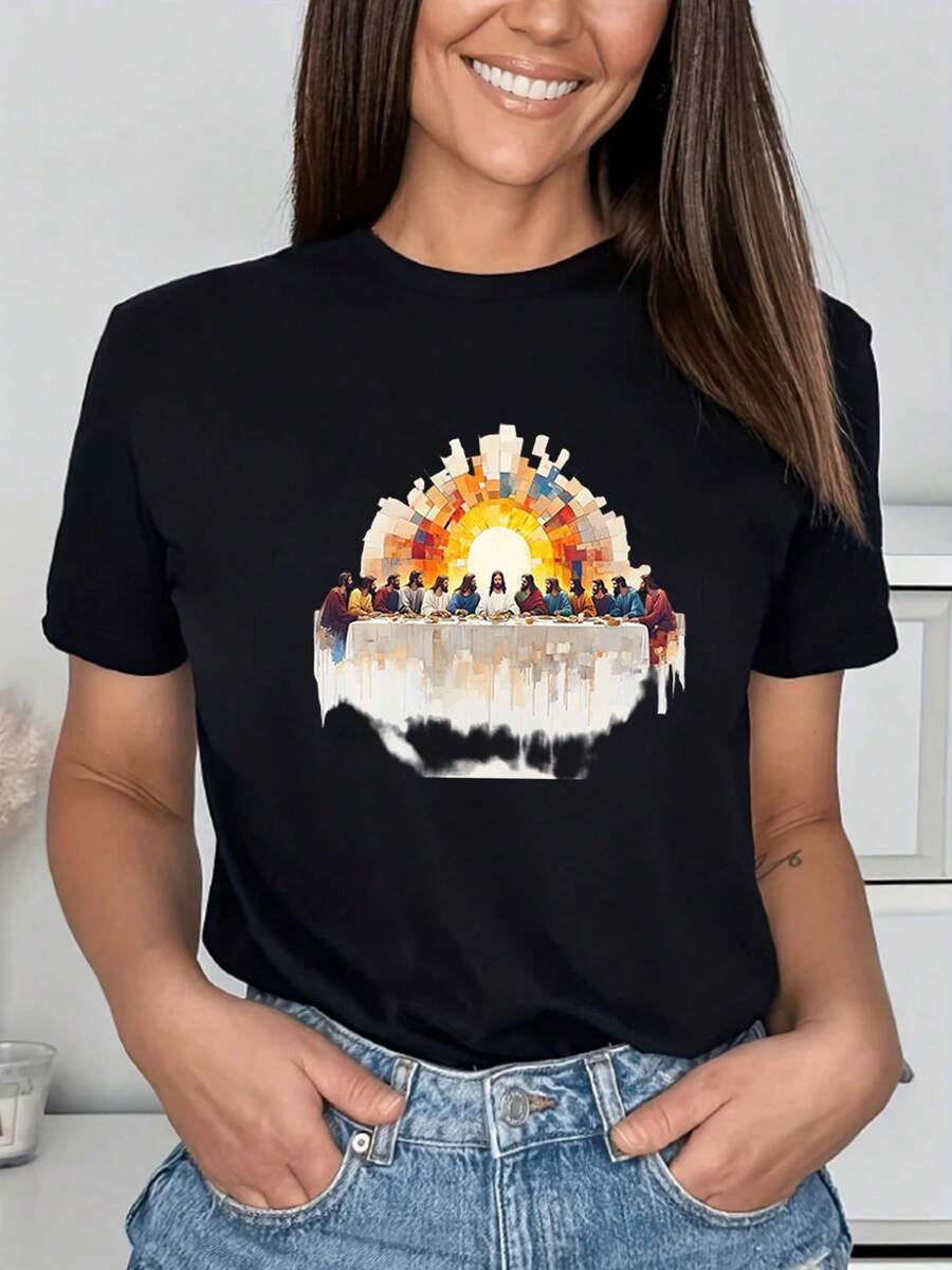 One Piece, Women's Blouses, Pretty Blouses For Women, Women's Clothing Sets For Women, Local Stores. The Last Supper 189g Black And White T-Shirt, Jesus And Apostles Print, High-Quality Print, Round Neck, Loose Basic Fit, Men And Women, Breathable, Quick-Drying, Versatile, Machine Washable, Comfortable, Daily, Casual, Sporty, Summer Essential - 黑色 - 查看 1