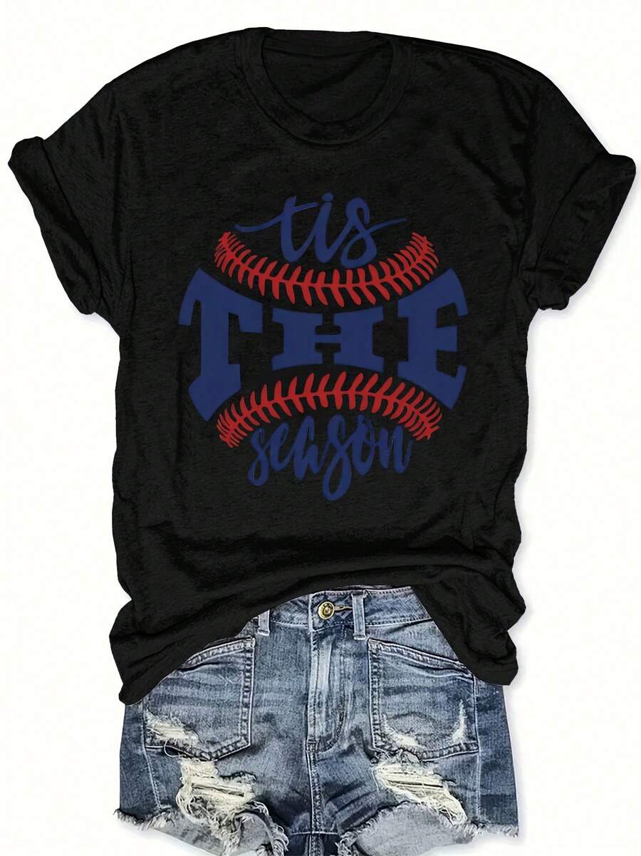 Camiseta de Cuello Redondo con Estampado de Letras para Primavera/Verano, Top Casual de Manga Corta para Mujer