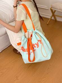 2025 New Drawstring Large Capacity Shoulder Canvas Bag, Japanese Letter Print Nylon Tote Handbag, Commuter - Green - View 4