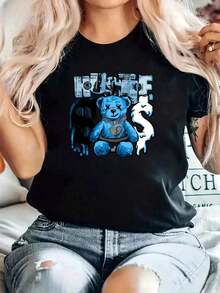 FASHIOGIRL Camiseta de Mujer% Algodón con Bonito Estampado de Oso Azul, Camiseta de Algodón Grueso de 220g para Mujer para Navidad (1 Pieza) - Negro - Ver 8
