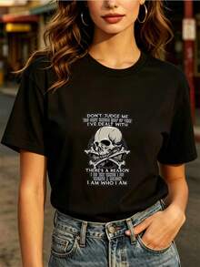 Camiseta de moda diaria de 180G - No me juzgues, ya he pasado por las cosas más difíciles - Perfecta para reuniones familiares y fiestas de empresa - Regalo de moda para el Día de la Independencia - Negro - Ver 7
