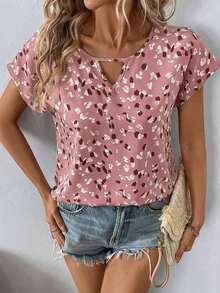 Camisa de mujer con estampado total, versátil para uso casual diario de manga corta - Rosa - Ver 5