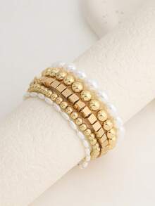 Set de 5 piezas de pulseras elásticas con cuentas de perlas falsas de CCB dorado, estilo INS, pulseras versátiles y de moda para mujeres - Dorado - Ver 4