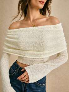 Suéter casual de manga larga y hombros descubiertos de unicolor y ajustado para mujer, suéter navideño, suéter de hombros descubiertos, ropa de invierno para mujer, suéter de otoño, suéter de color, suéter esponjoso, FW24 - Albaricoque - Ver 6