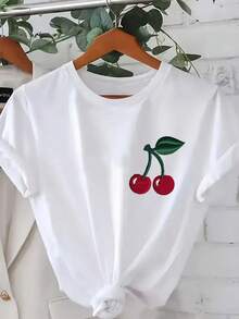 Women's Round Neck T-Shirt With Anime Letter Print, Simple Design, Comfortable And Breathable, Suitable For Casual Daily Wear, Showing A Natural And Elegant Style, A Must-Have For Summer Parties, Local Delivery. - 白色 - 查看 1