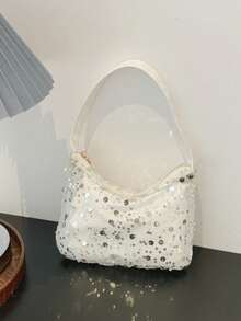 Túi đeo vai đính sequin thời trang, kiểu dáng tối giản, dung tích lớn, thiết kế mới dành cho nữ. - trắng - Xem 7
