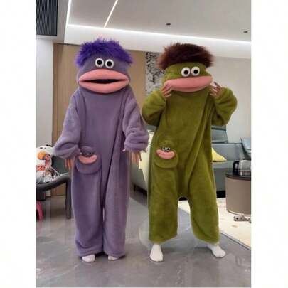2 Paquetes/1 Paquete Pijama de una pieza de felpa coral suave y divertido, adecuado para cosplay y ropa de estar en casa premium, unisex, con diseño de monstruo de boca grande, pijamas de felpa coral gruesa y divertidos para parejas hombre y mujer en otoño e invierno