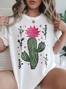 Camiseta Casual de Mujer con Estampado de Cactus, Flores, Diamantes Rosados y Hojas Verdes, Adecuada para Todas las Temporadas  
 Negro - Blanco - Ver 1