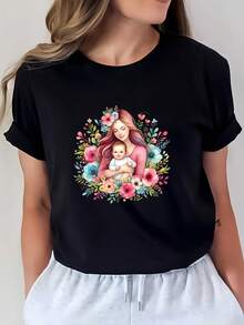 Camiseta de maternidad suave de 180g con estampado floral, diseñada para madres, adecuada para salidas familiares, regalos del Día de la Madre y eventos corporativos. - Negro - Ver 7