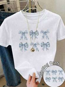 100% Cotton Short-Sleeved, Round-Neck Shirt For Ladies, With Cute Backpack Prints, Conventional Cut, Suitable For Everyday Use. - 白色 - 查看 1