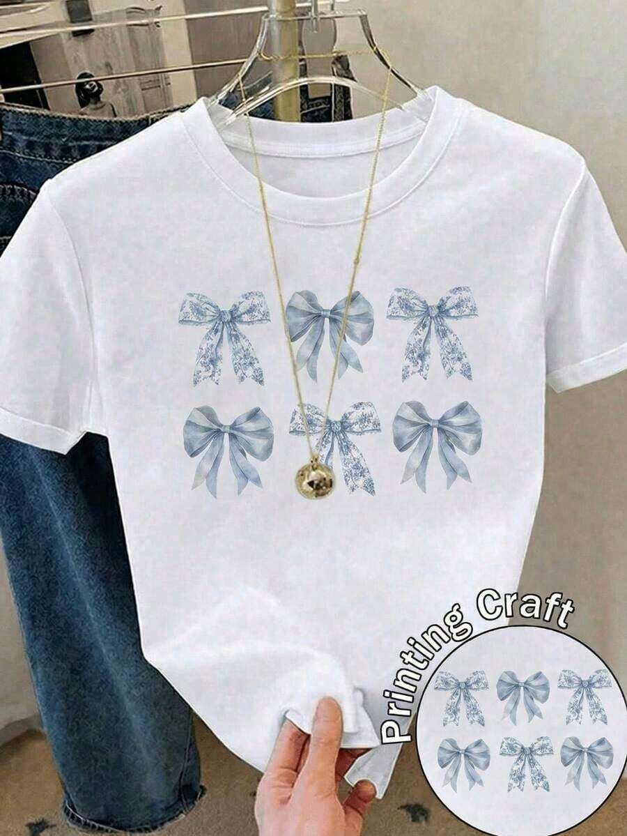 100% Cotton Short-Sleeved, Round-Neck Shirt For Ladies, With Cute Backpack Prints, Conventional Cut, Suitable For Everyday Use. - 白色 - 查看 1