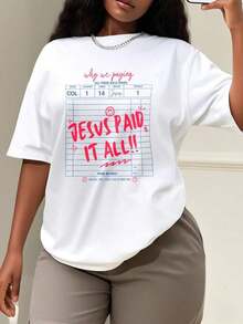 1 Piece Of Women's Oversized Graphic Tee, Christian Design "Jesus Paid For It All", Worship Tee, Direct Print Christian Tee, Guest Tee, Fashion Gift Tee, Oversized Tee For Women, Perfect For Christmas Parties Or As A Gift, Soft And Comfortable Vintage Tee. - 白色 - 查看 1